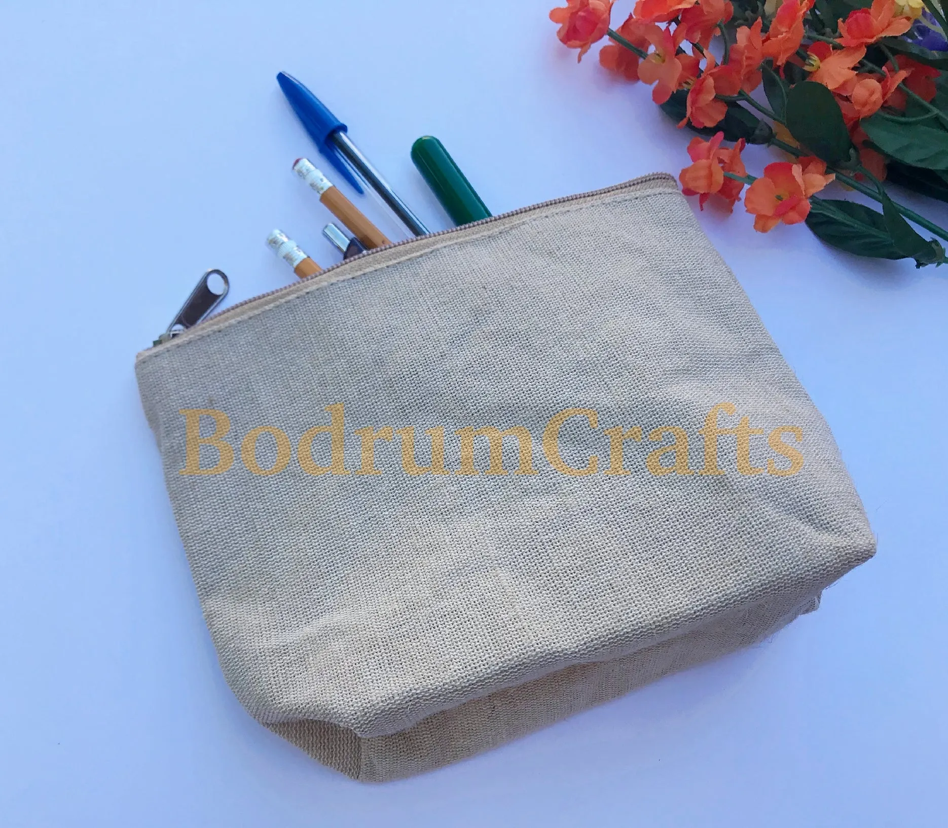 8" Jute Fabric Zippered Pouch Bags with Gusset, Cosmetic Makeup Bags
