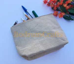8" Jute Fabric Zippered Pouch Bags with Gusset, Cosmetic Makeup Bags