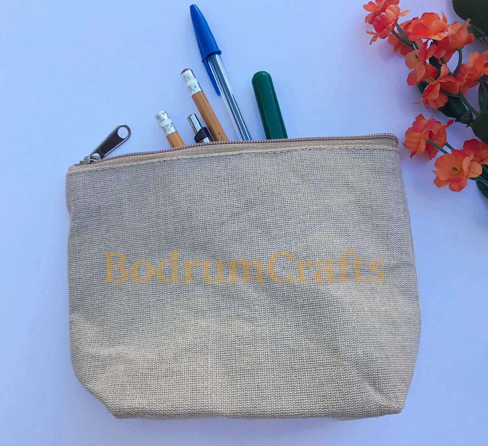8" Jute Fabric Zippered Pouch Bags with Gusset, Cosmetic Makeup Bags
