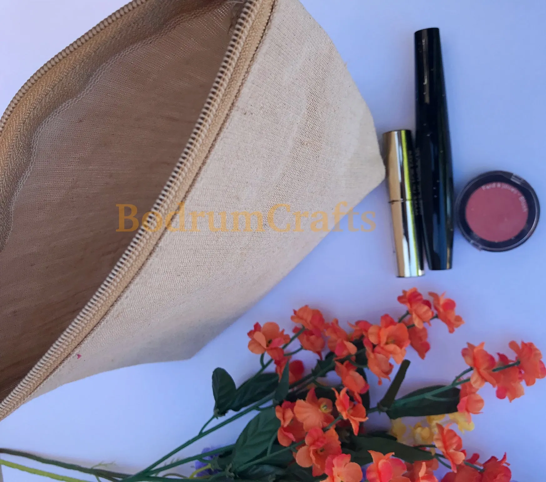 8" Jute Fabric Zippered Pouch Bags with Gusset, Cosmetic Makeup Bags