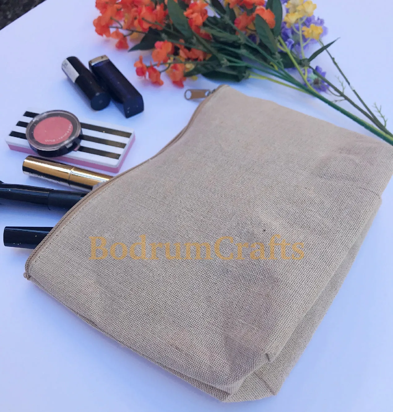 8" Jute Fabric Zippered Pouch Bags with Gusset, Cosmetic Makeup Bags
