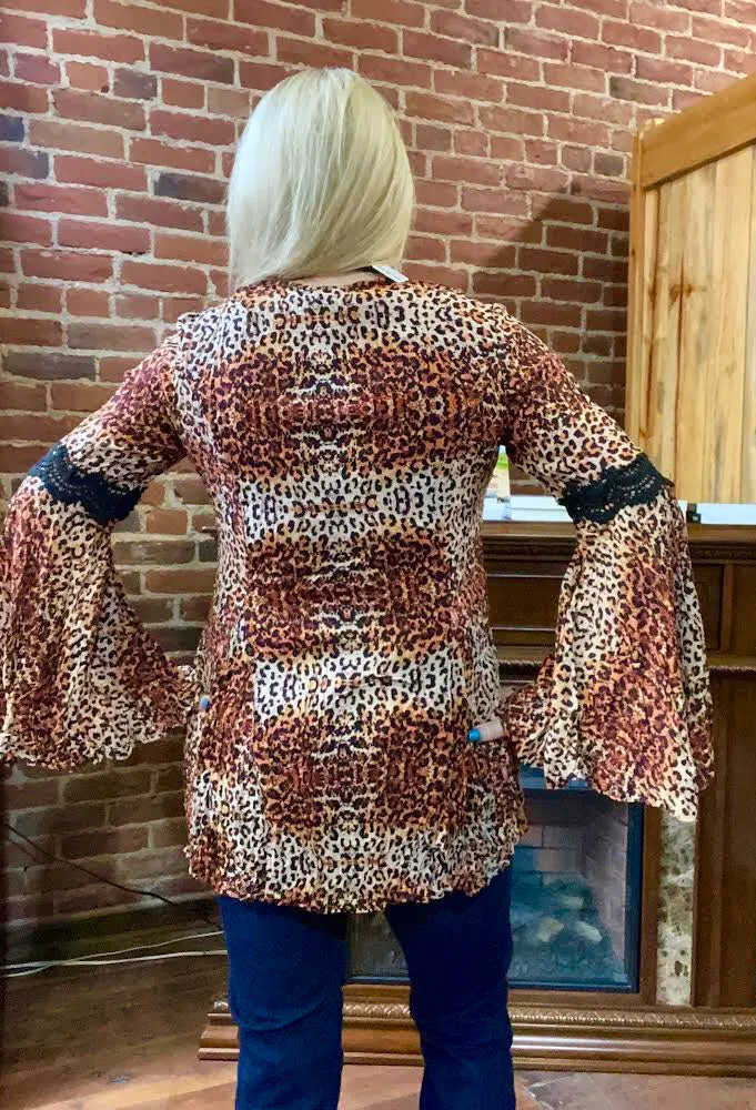 Animal Print Crinkle Bell Sleeve Top