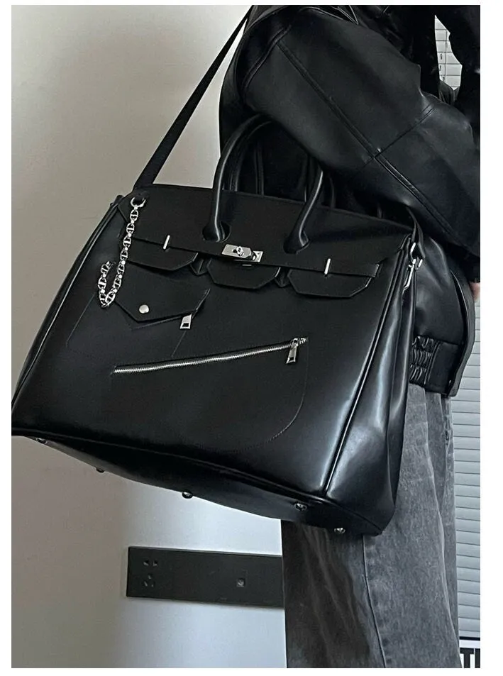 Birkin inspired handmade PU Leather Black tote buckle men/women's weekender travel overnight weekend handbag