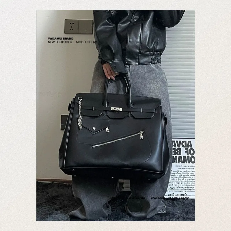 Birkin inspired handmade PU Leather Black tote buckle men/women's weekender travel overnight weekend handbag