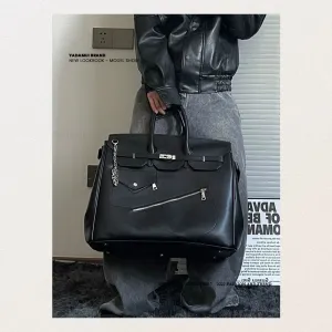 Birkin inspired handmade PU Leather Black tote buckle men/women's weekender travel overnight weekend handbag