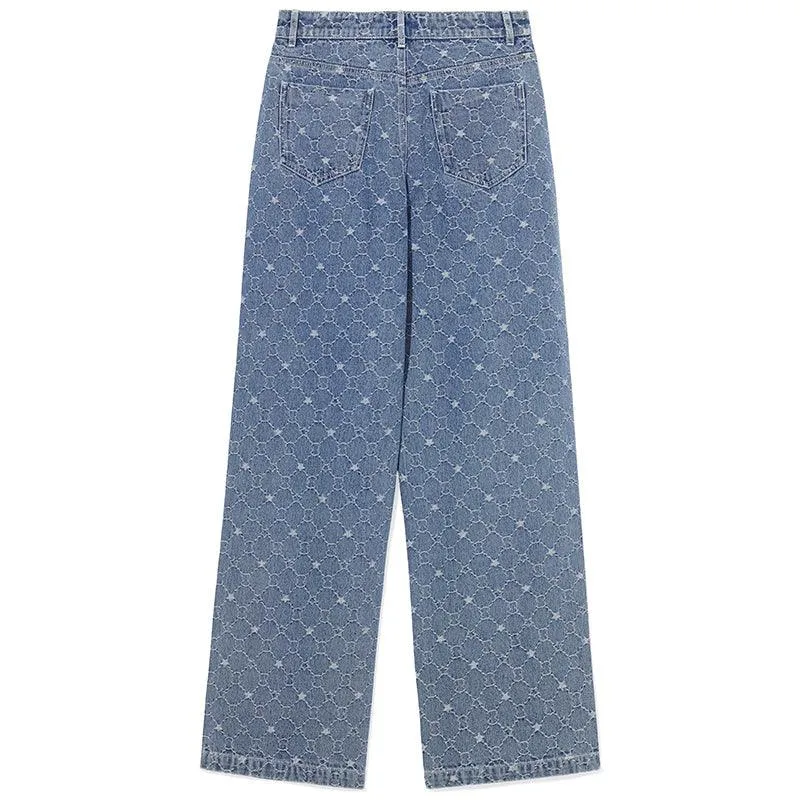 Blue Jacquard Denim Straight Leg Pants