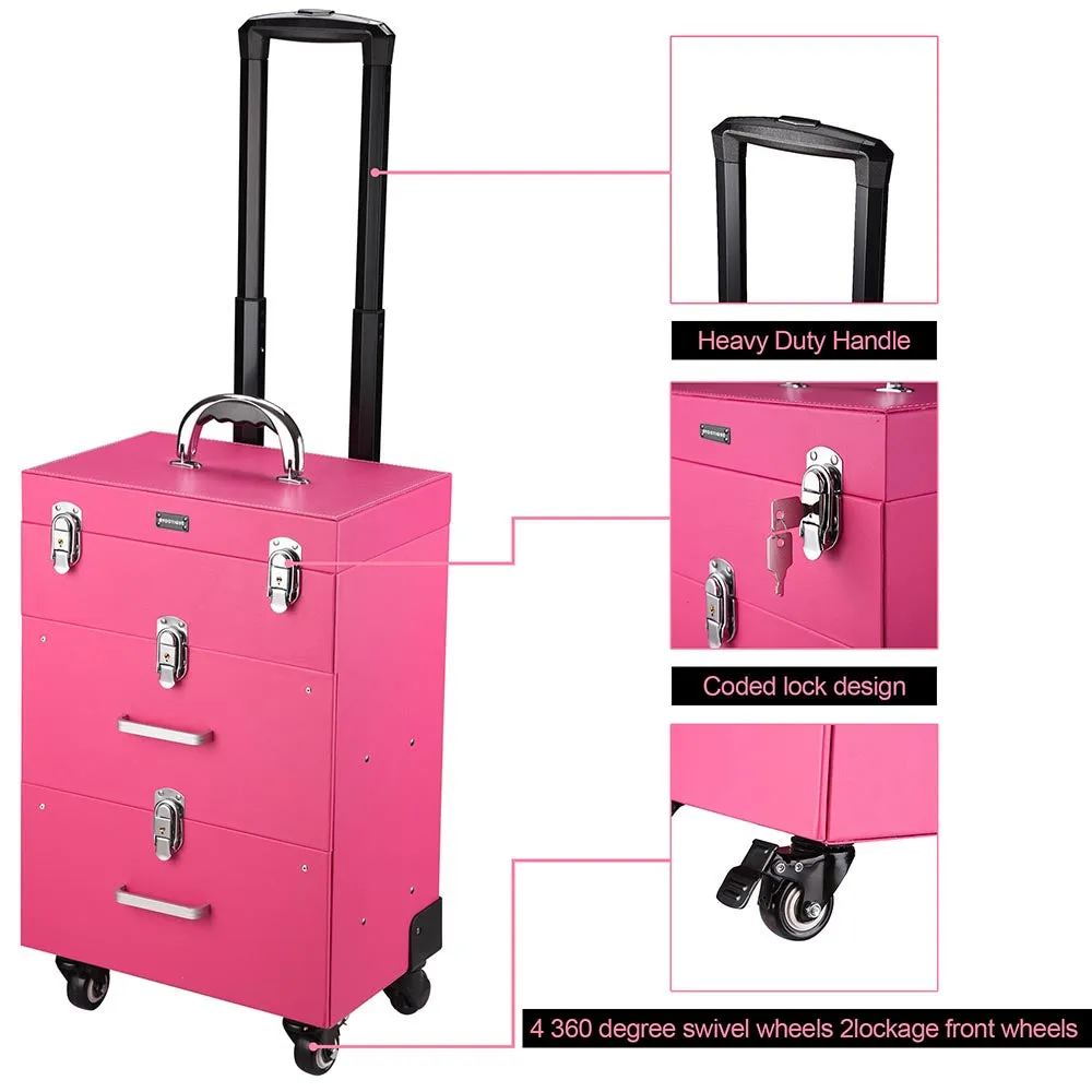 Byootique MassLux Pink Rolling Nail Drill Case Makeup Storage Trolley w/ Draw