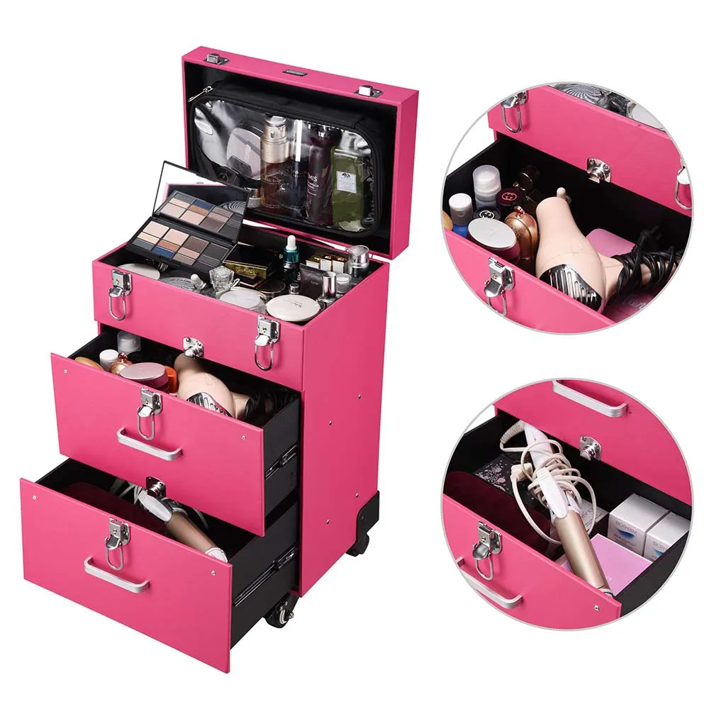 Byootique MassLux Pink Rolling Nail Drill Case Makeup Storage Trolley w/ Draw