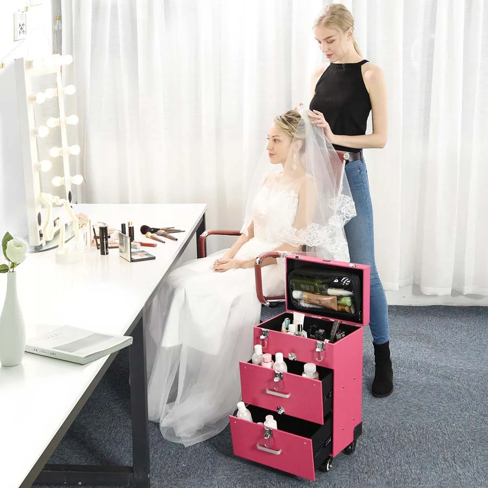 Byootique MassLux Pink Rolling Nail Drill Case Makeup Storage Trolley w/ Draw