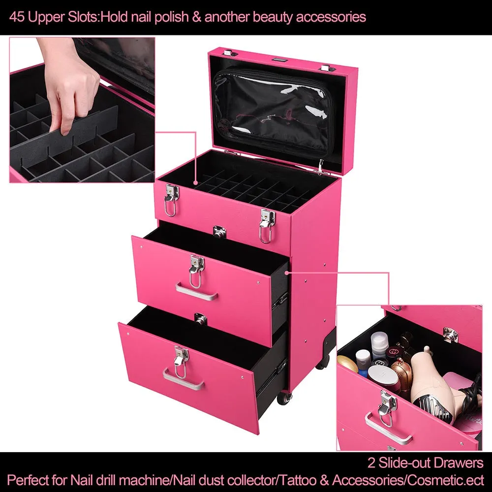 Byootique MassLux Pink Rolling Nail Drill Case Makeup Storage Trolley w/ Draw