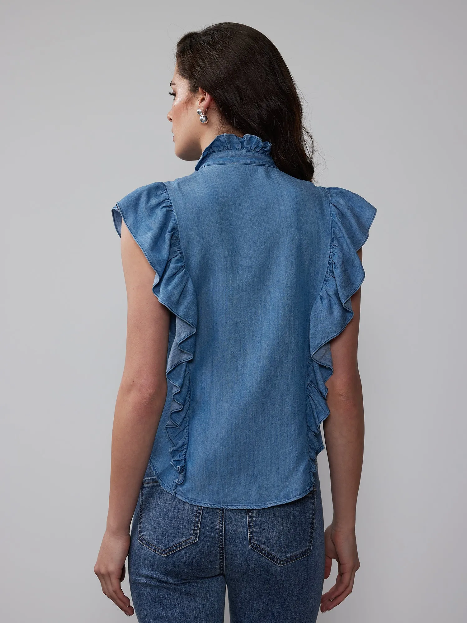 Chambray Mock Neck Ruffle Top