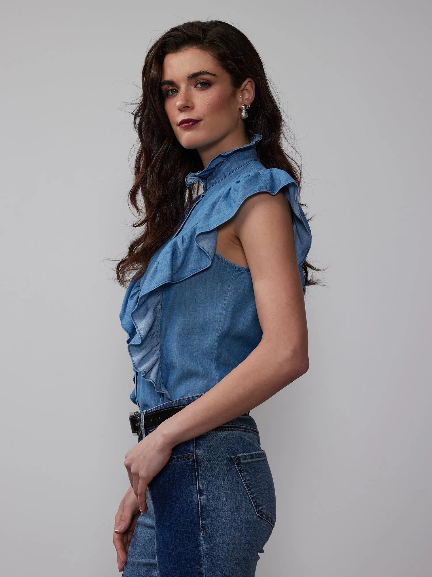 Chambray Mock Neck Ruffle Top