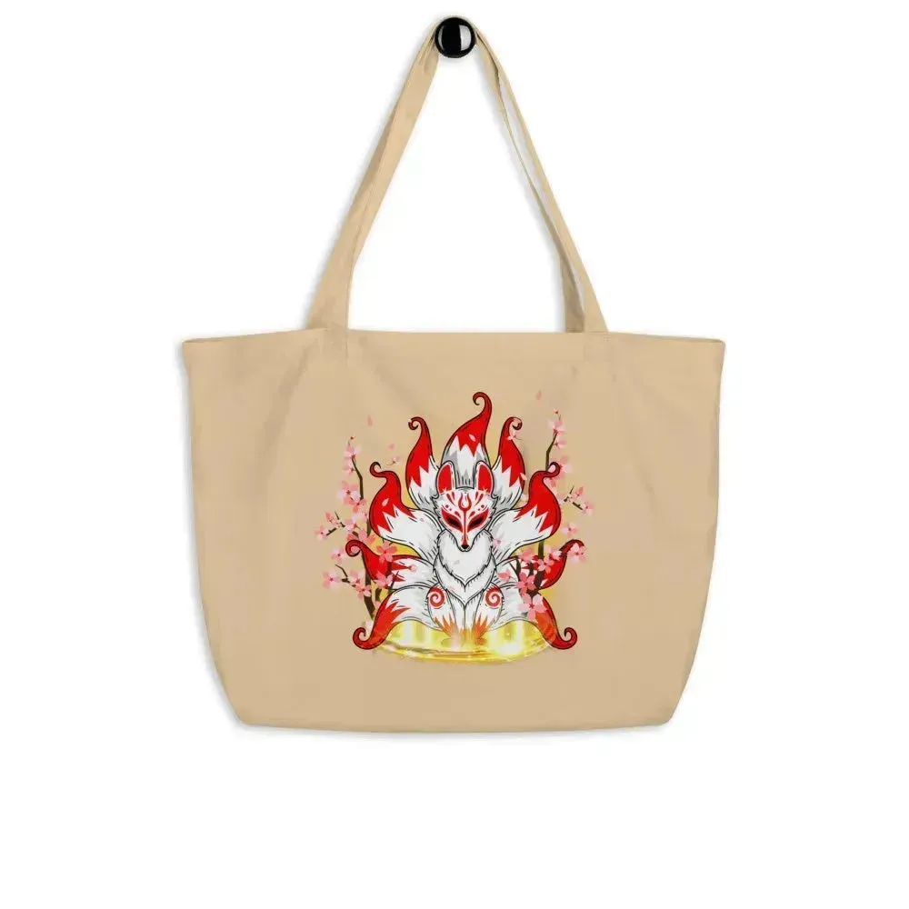 Cherry Blossom Nine Tailed Fox Large Organic Tote Bag