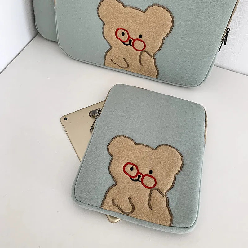Cute Glass Bear Pure Color iPad Laptop Bag, 11 inch 13 inch 15inch minimalist iPad Air Pro Case, iPad Sleeve, iPad Bag