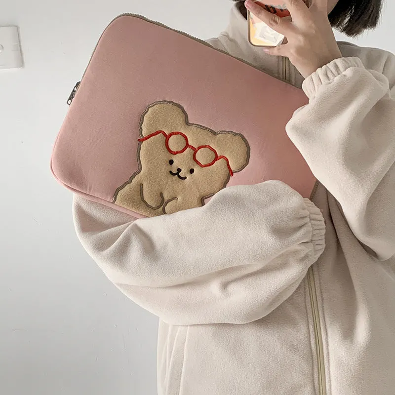 Cute Glass Bear Pure Color iPad Laptop Bag, 11 inch 13 inch 15inch minimalist iPad Air Pro Case, iPad Sleeve, iPad Bag