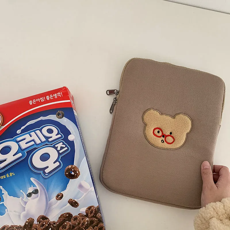 Cute Glass Bear Pure Color iPad Laptop Bag, 11 inch 13 inch 15inch minimalist iPad Air Pro Case, iPad Sleeve, iPad Bag