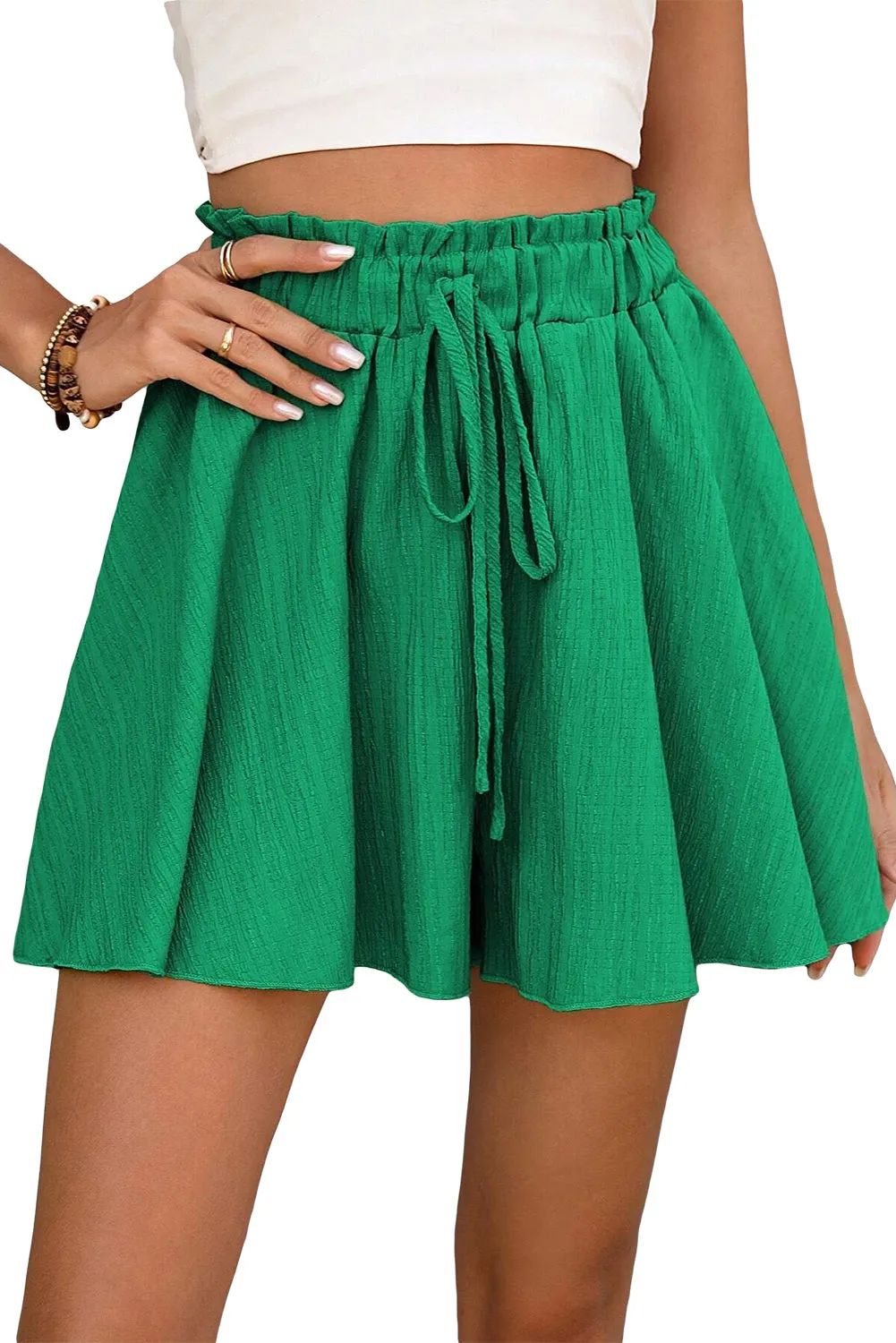 Dark Green Textured Frill High Waist Ruffle Wide Leg Shorts