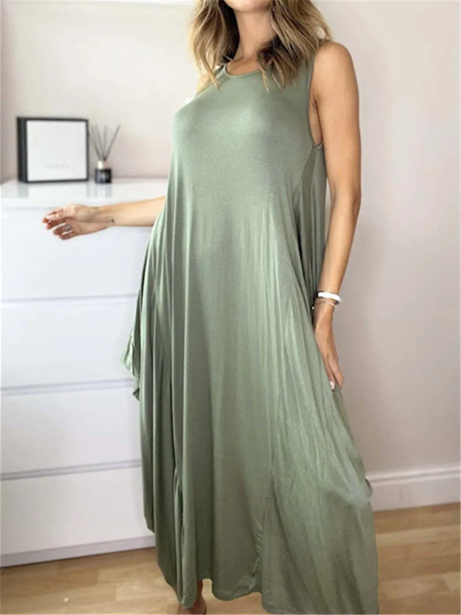 Elegant Loose Solid Color Sleeveless Casual Dress