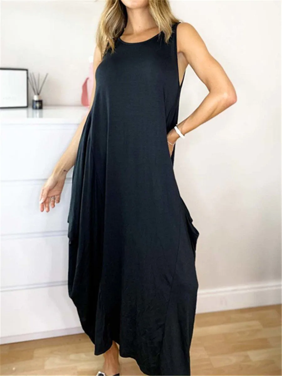 Elegant Loose Solid Color Sleeveless Casual Dress