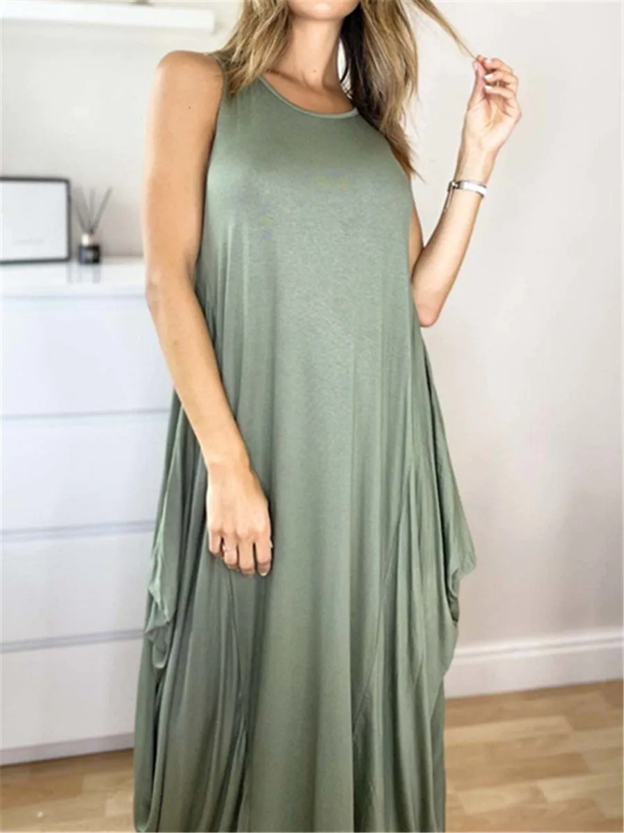 Elegant Loose Solid Color Sleeveless Casual Dress