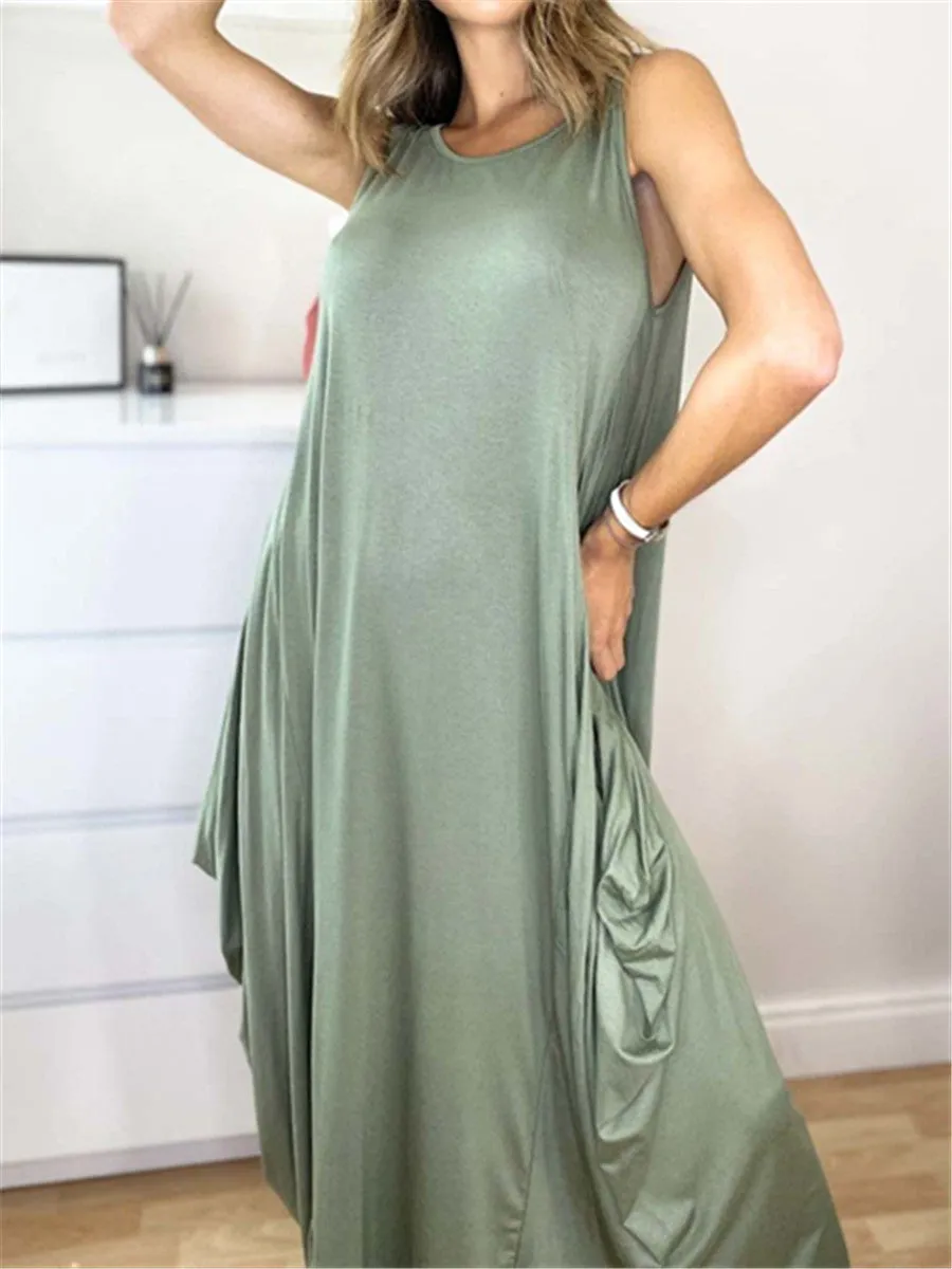 Elegant Loose Solid Color Sleeveless Casual Dress