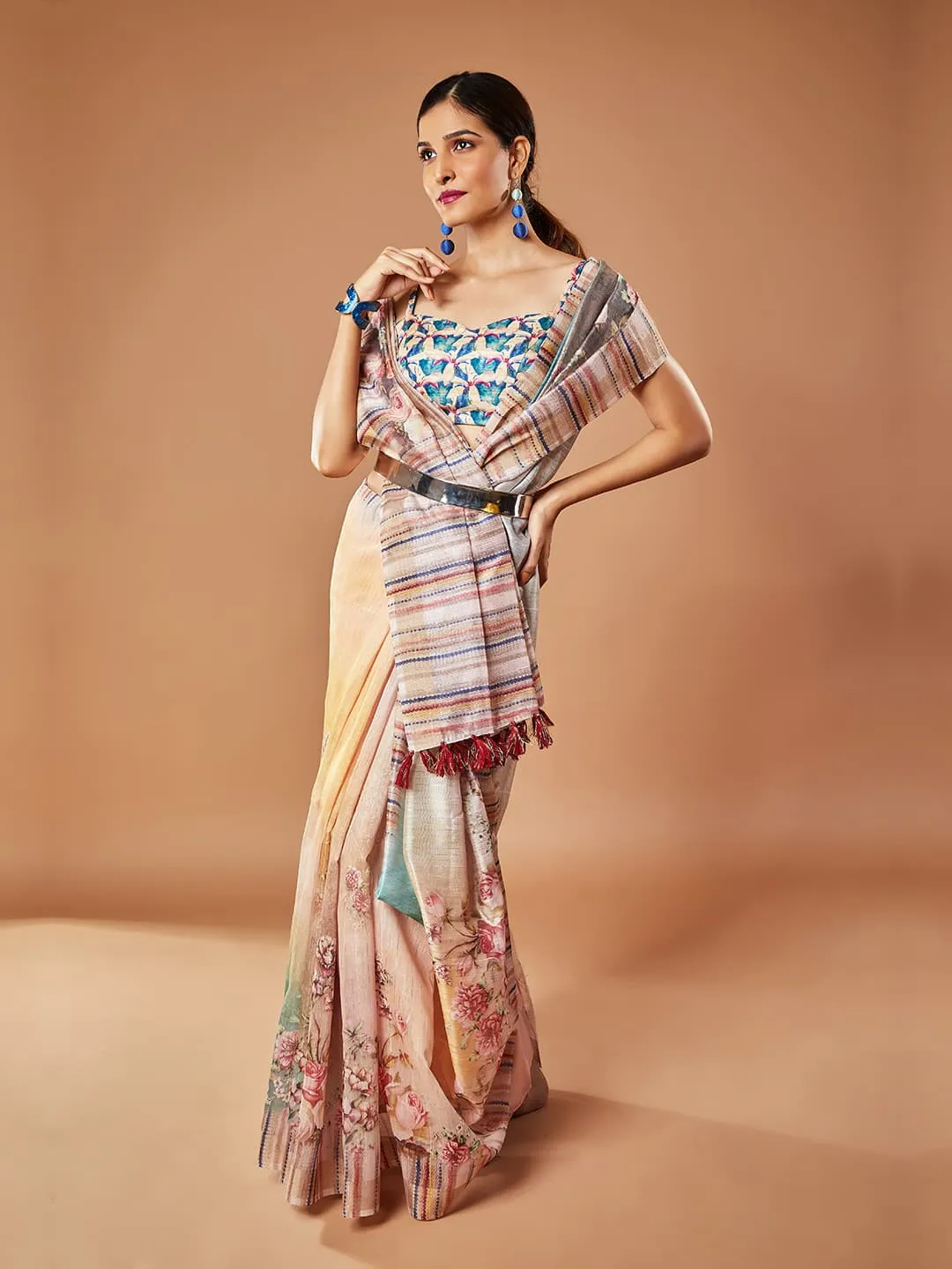 Elegant Rama and Maroon Color Floral Printed Pashmina Saree