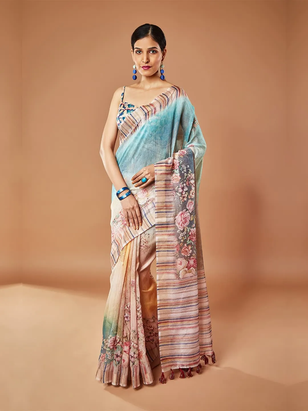 Elegant Rama and Maroon Color Floral Printed Pashmina Saree
