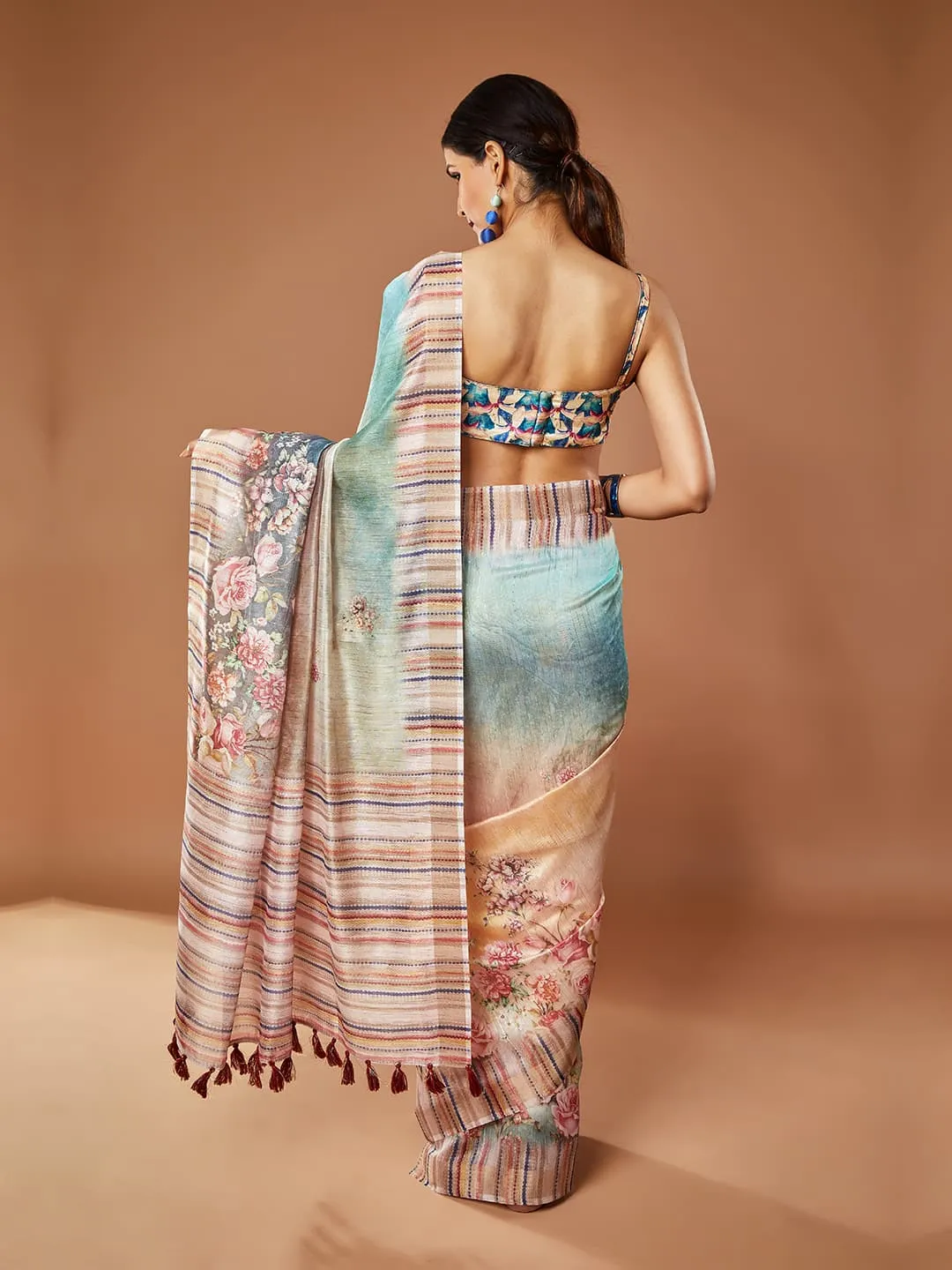 Elegant Rama and Maroon Color Floral Printed Pashmina Saree