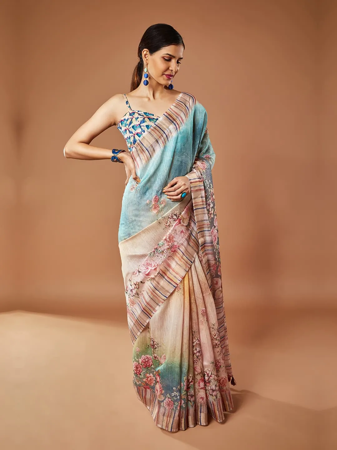 Elegant Rama and Maroon Color Floral Printed Pashmina Saree