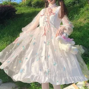 Fireworks of the Fae    Dress with Choker Set Kawaii Academia Y2K Cottagecore Coquette Fairycore Dollette Princesscore