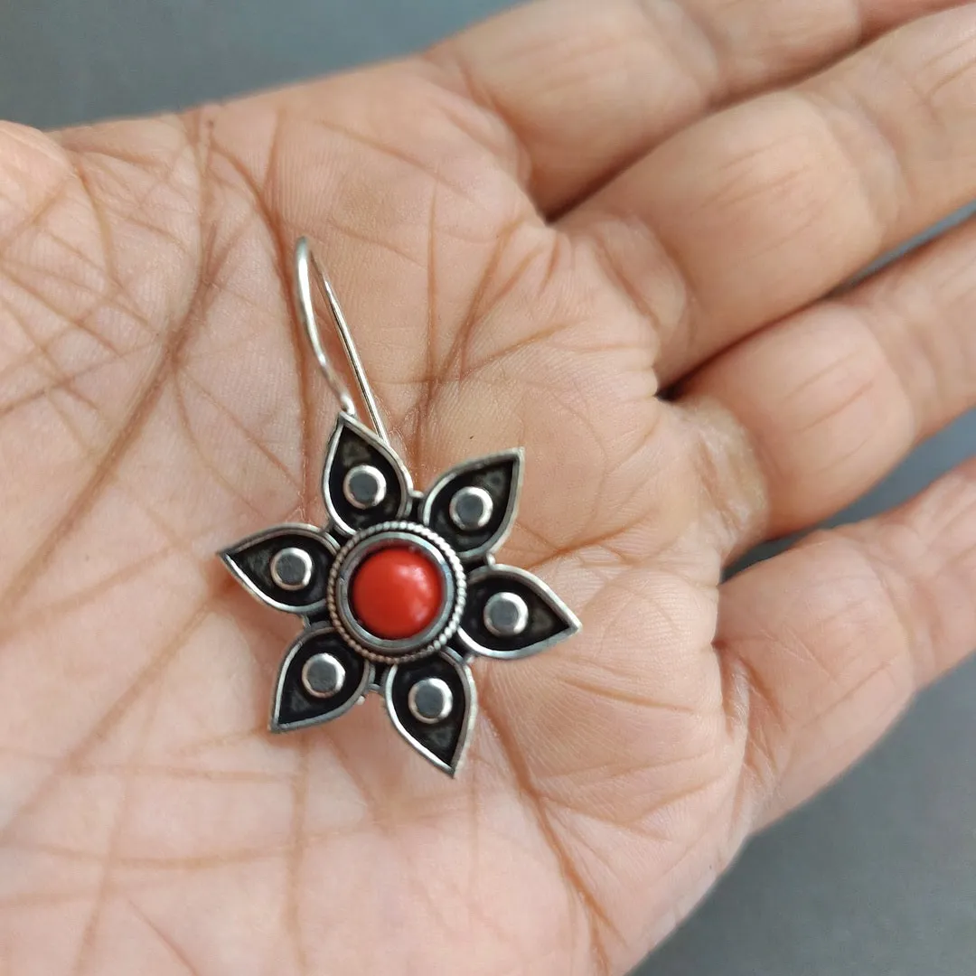 Floral Coral Delight: Oxidized Floral Hooped Earrings