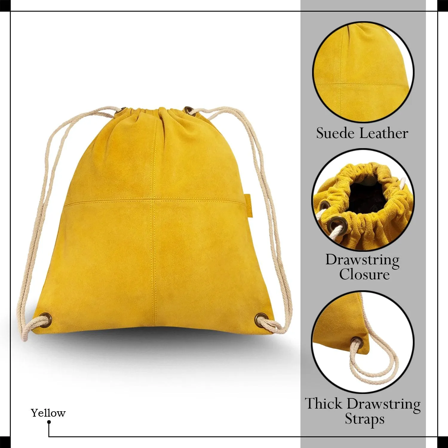 MANDAVA Suede Leather Drawstring Backpack Unisex Sack Cinch School/College/Gym Bag (Yellow)