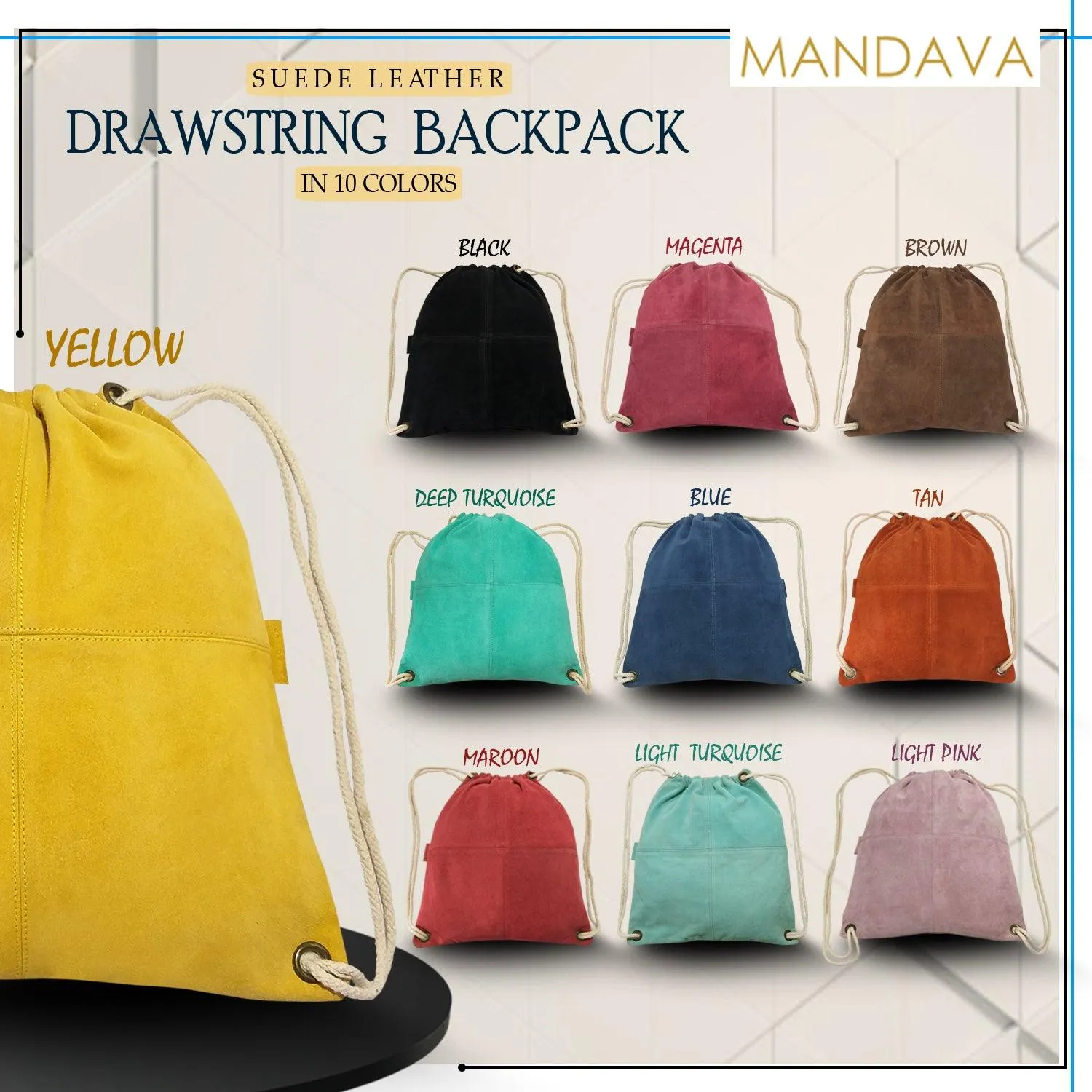 MANDAVA Suede Leather Drawstring Backpack Unisex Sack Cinch School/College/Gym Bag (Yellow)