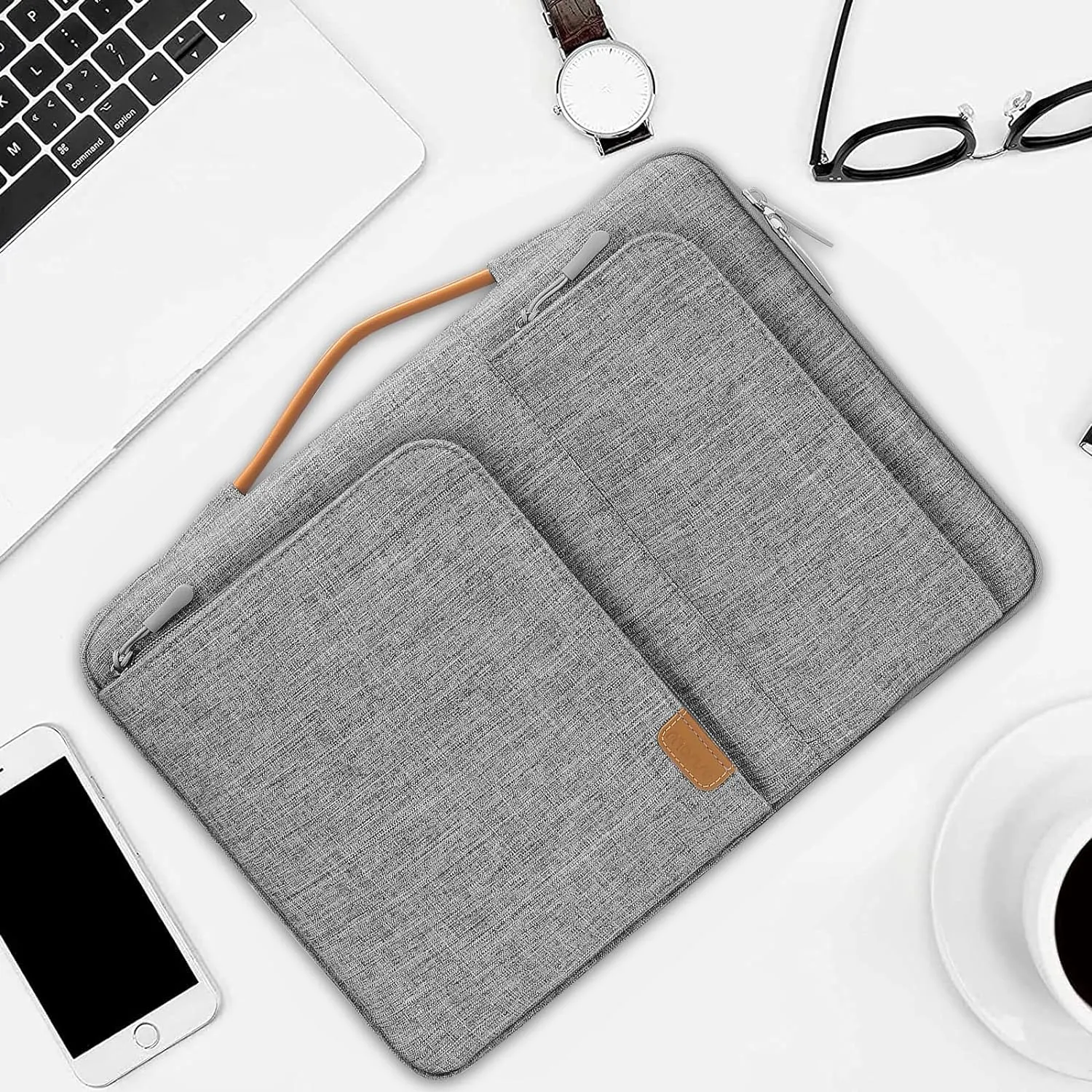 MOSISO 360 Protective Laptop Sleeve Compatible with MacBook Air/Pro, 13-13.3 inch Notebook,Compatible with MacBook Pro 14 inch 2023-2021 M2 M1, Side Open Bag with 2 Accessory Pockets&Handle&Belt, Gray