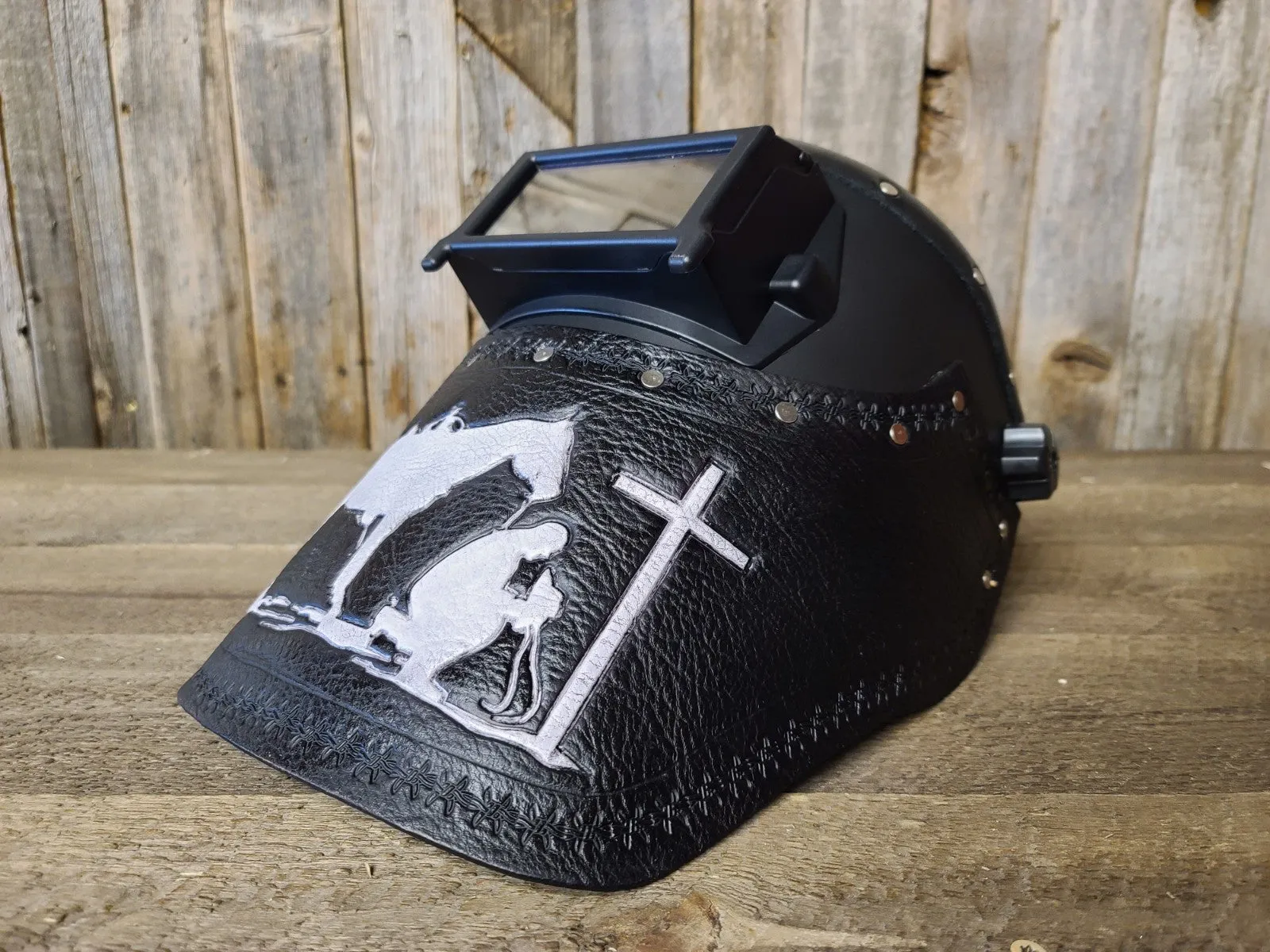 Outlaw Leather - Welding Hood - Praying Cowboy-Black