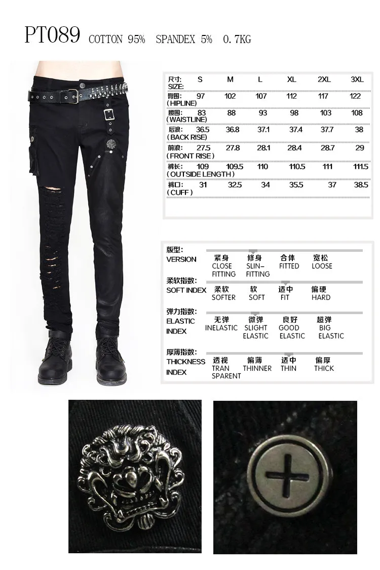 PT089 punk rock asymmetric broken hole men straight-leg pants