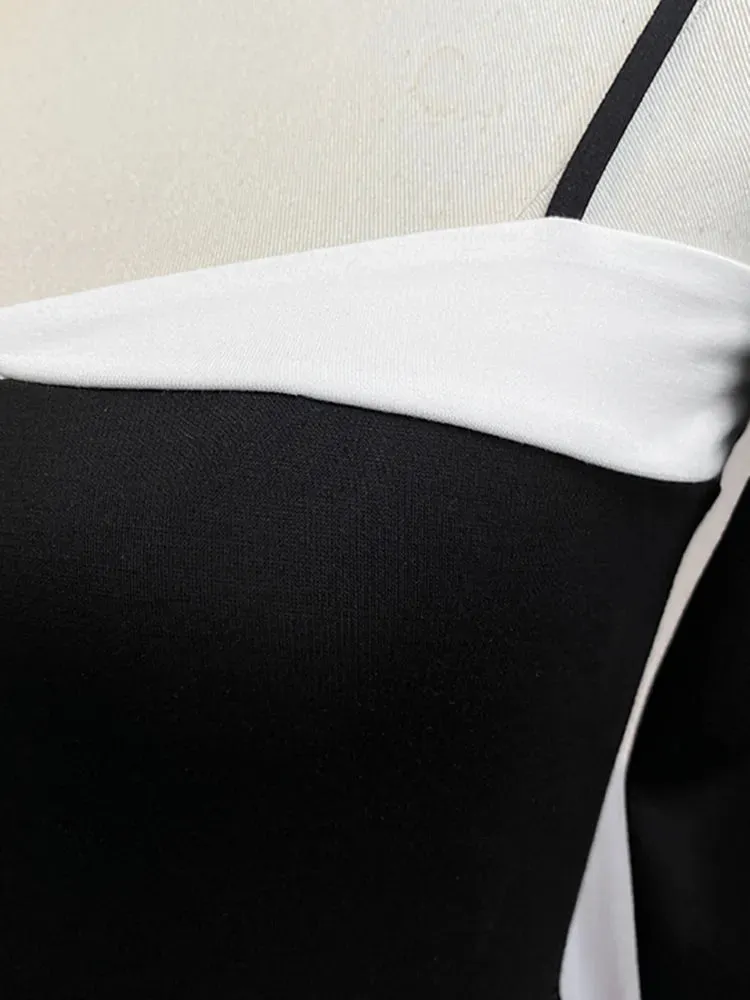 Skinny Knitting T Shirt For Women Square Collar Long Sleeve Off Shoulder Patchwork Colorblock T Shirts Female Style