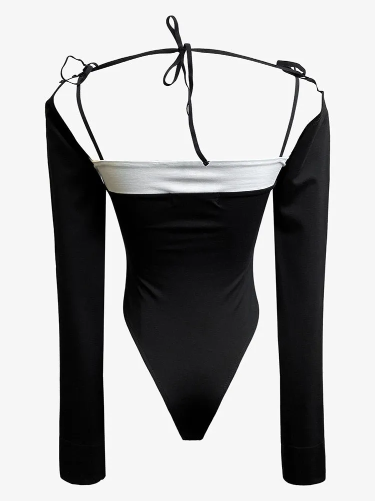 Skinny Knitting T Shirt For Women Square Collar Long Sleeve Off Shoulder Patchwork Colorblock T Shirts Female Style