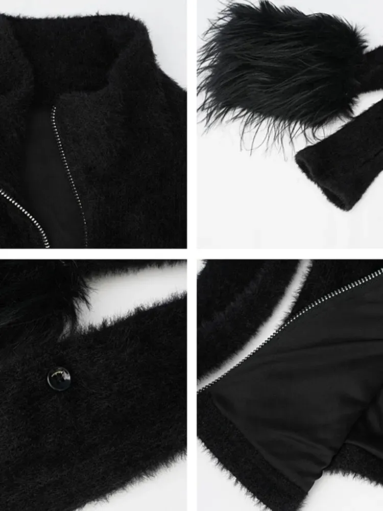 Solid Patchwork Zipper Knitting Sweaters For Women Lapel Long Sleeve Spliced Feathers Slimming Sweater Female