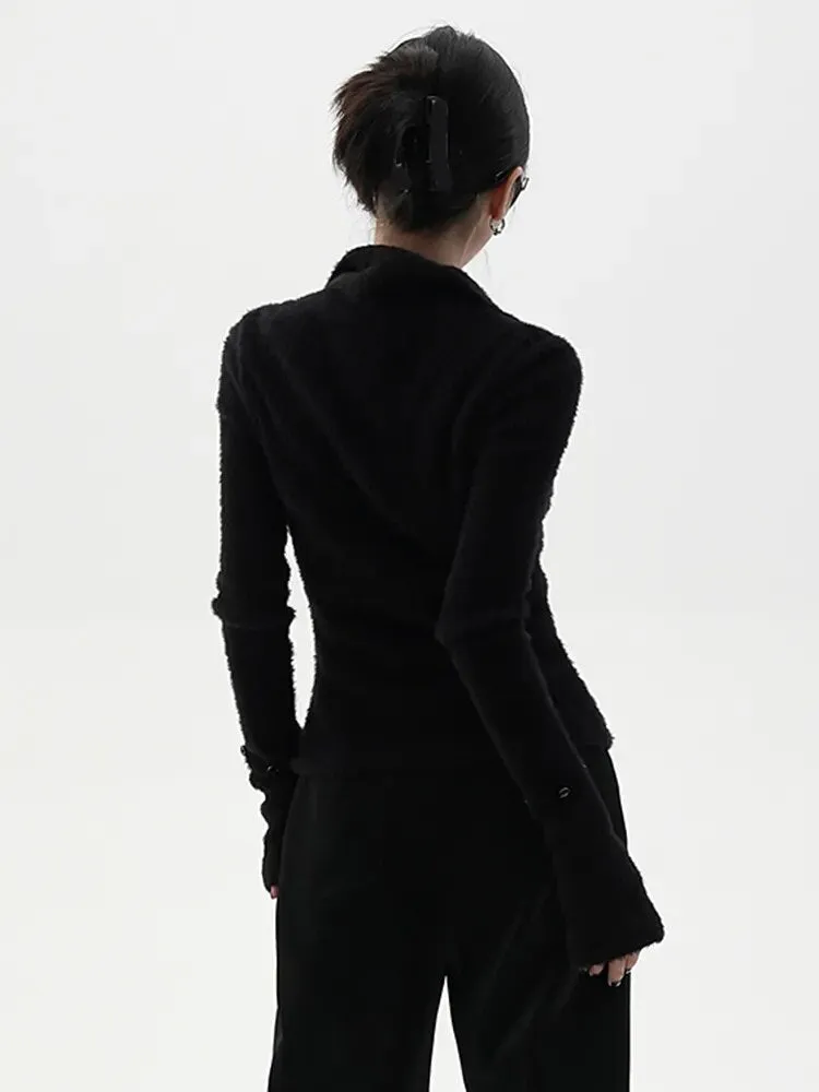 Solid Patchwork Zipper Knitting Sweaters For Women Lapel Long Sleeve Spliced Feathers Slimming Sweater Female