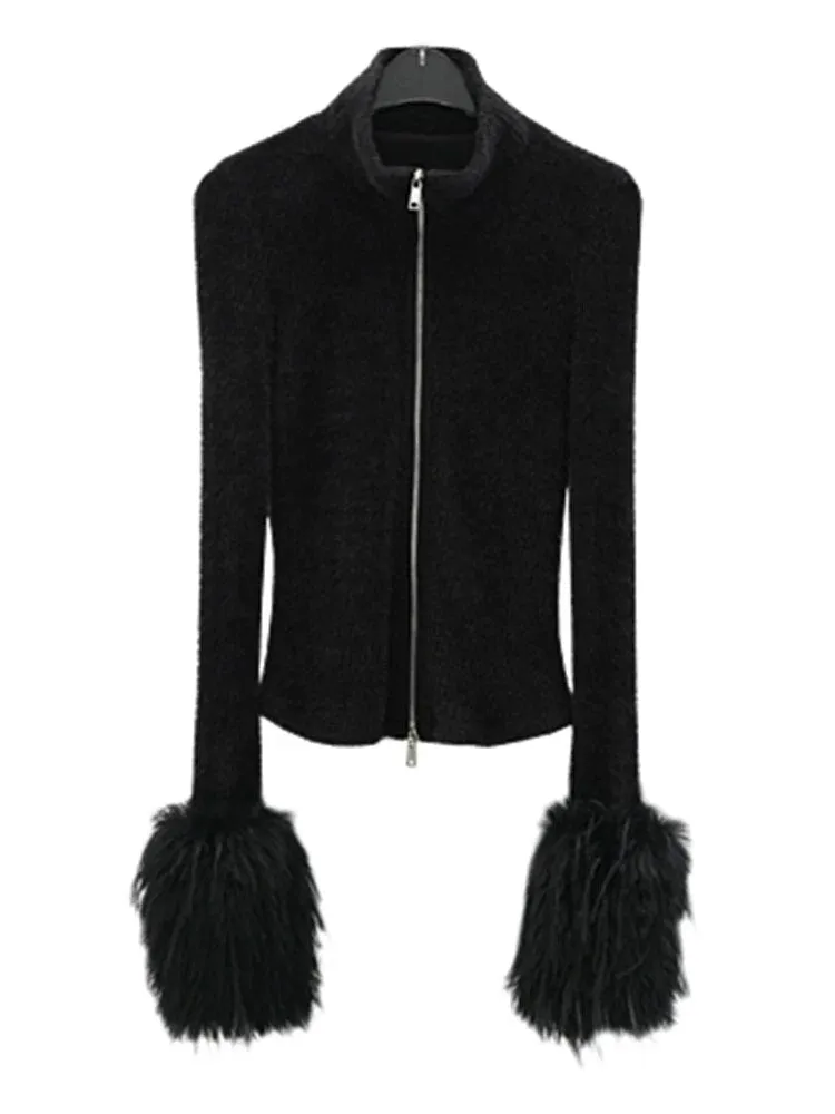 Solid Patchwork Zipper Knitting Sweaters For Women Lapel Long Sleeve Spliced Feathers Slimming Sweater Female