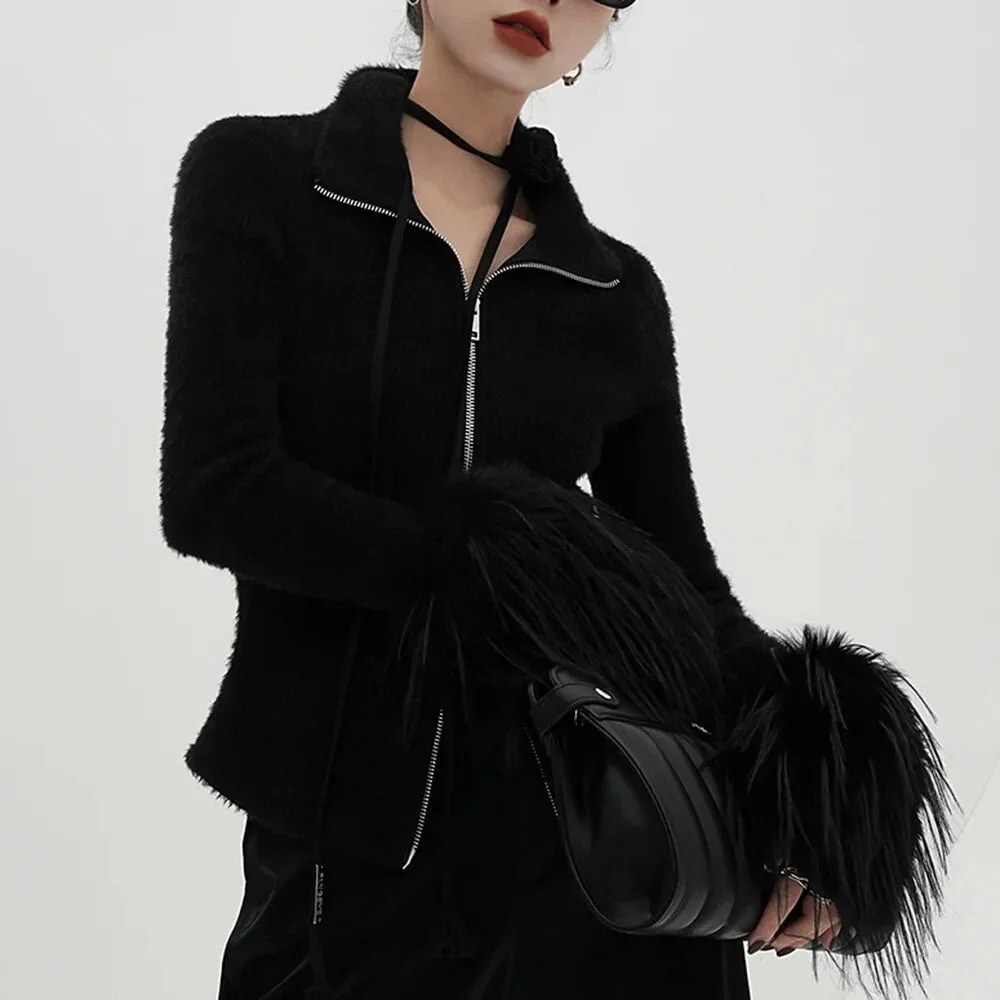 Solid Patchwork Zipper Knitting Sweaters For Women Lapel Long Sleeve Spliced Feathers Slimming Sweater Female