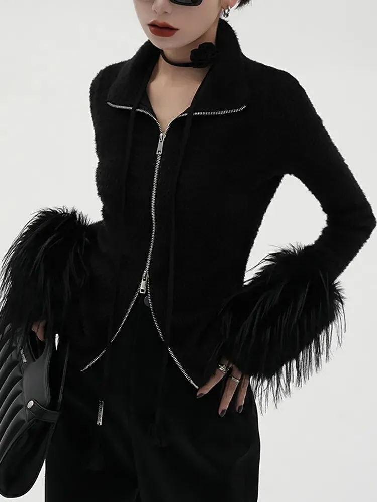 Solid Patchwork Zipper Knitting Sweaters For Women Lapel Long Sleeve Spliced Feathers Slimming Sweater Female