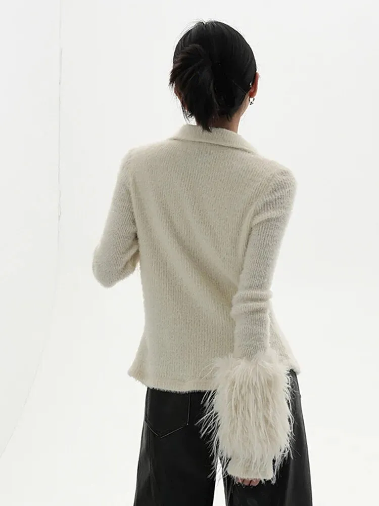 Solid Patchwork Zipper Knitting Sweaters For Women Lapel Long Sleeve Spliced Feathers Slimming Sweater Female