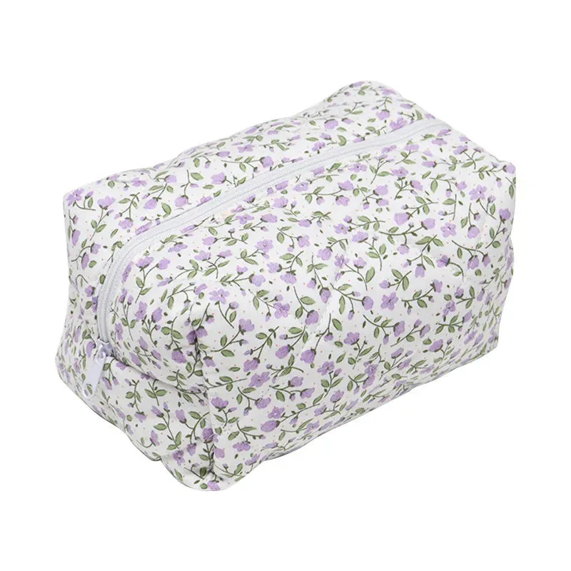 Storage Organizer Floral Puffy Quilted Makeup Bag Flower Printed Cosmetic Pouch Large Travel Cosmetic Bag Makeup Accessory