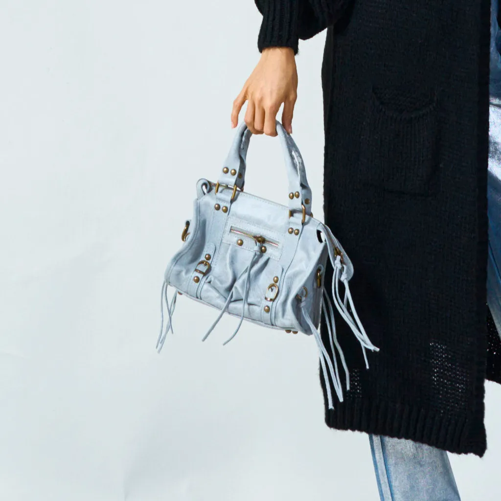 Suede and metallic leather handbag with studded details wholesale