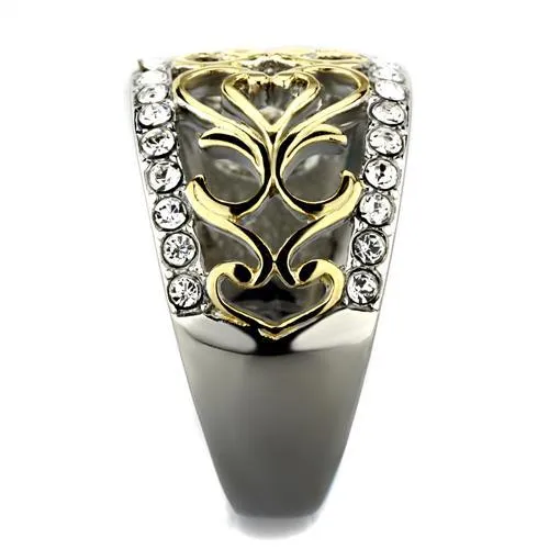 Two-Tone IP Gold (Ion Plating) Stainless Steel Ring with Top Grade Crystal in Clear for Women Style TK1792