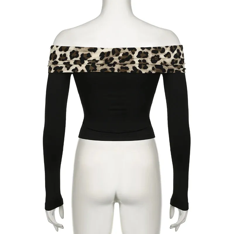 Vintage Fashion Skinny Sexy Off Shoulder Top Tierred Leopard Patched Party T shirt Women Tee Contrast Short Elegant