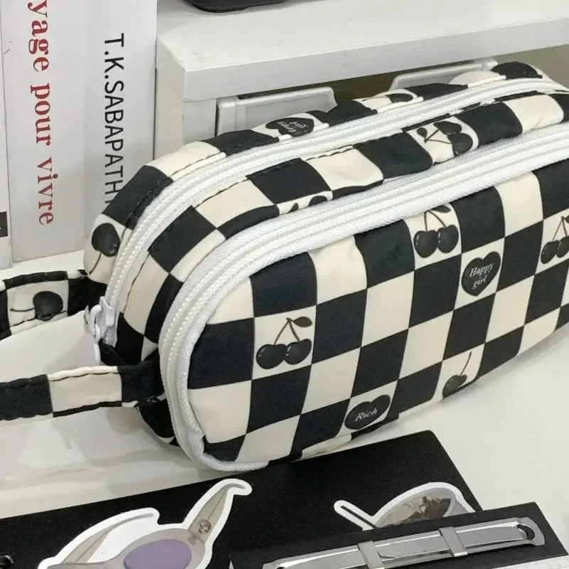 Vvsha 1 Pc Fashion Student Pencil Case Classic Checkboard Stationery Pencil Bag Black White Color High Capacity Scrapbook Storage Bag