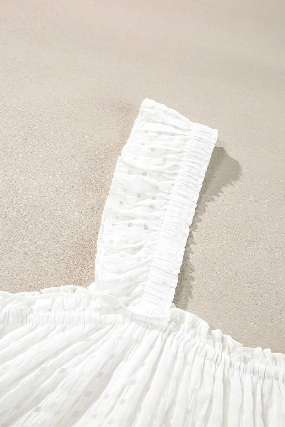 White Ruffle Straps Frill Trim Textured Vacation Dress